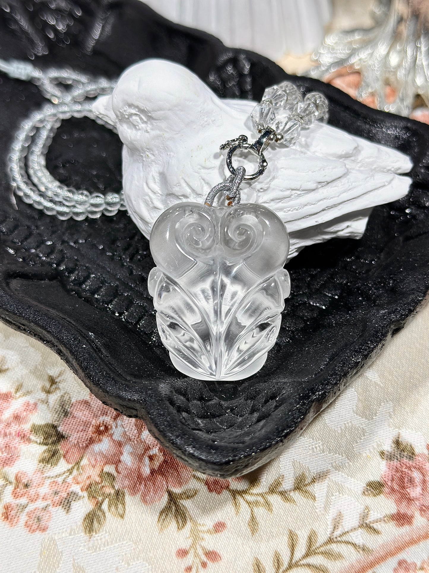 White crystal engraved fox necklace