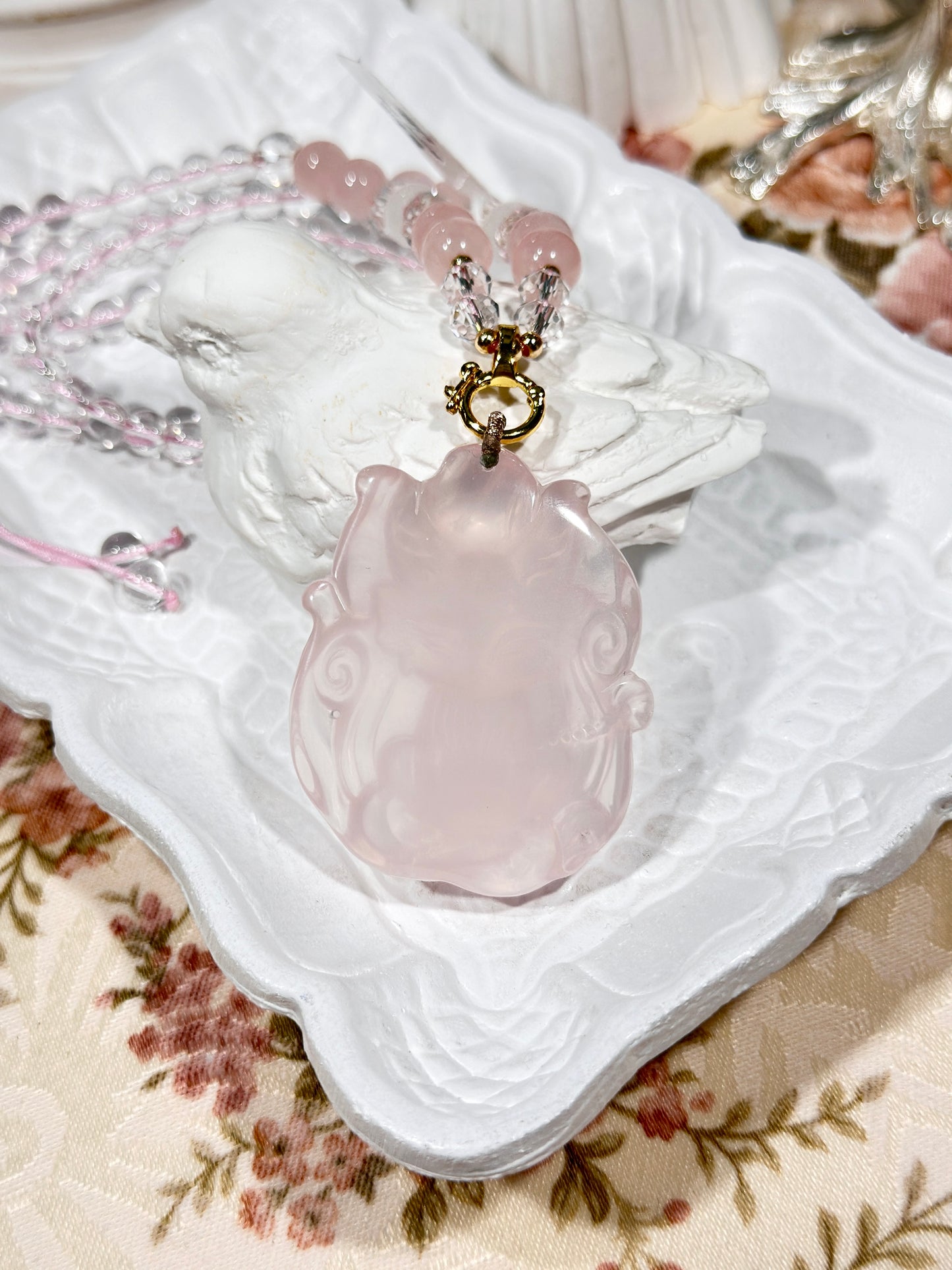 Pink quartz fox necklace