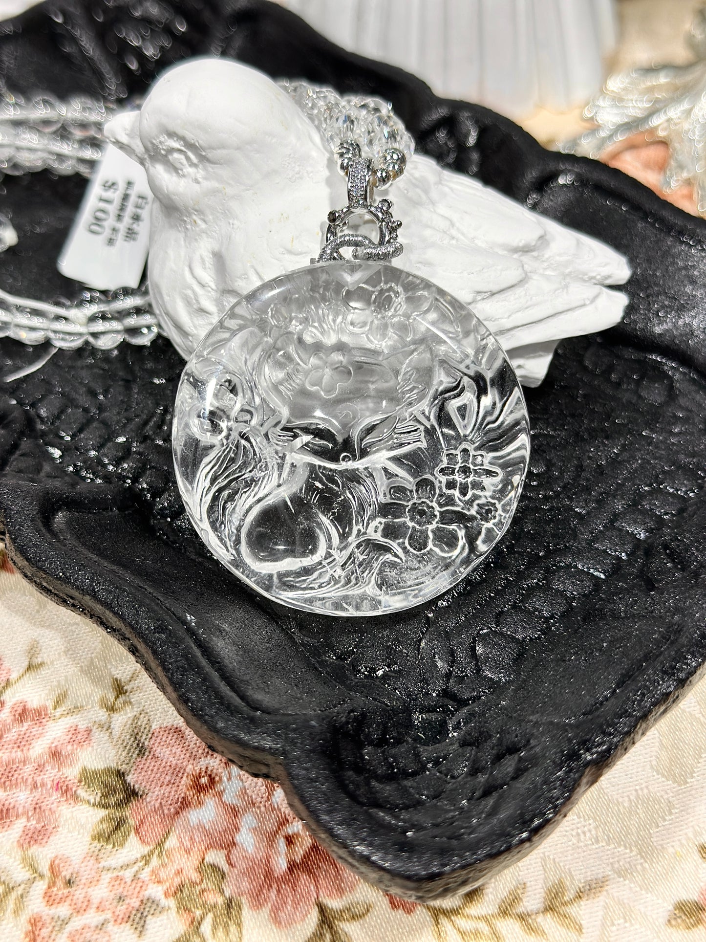 White crystal engraved fox necklace