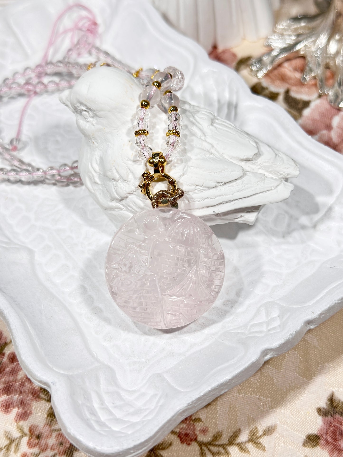 Pink quartz fox necklace