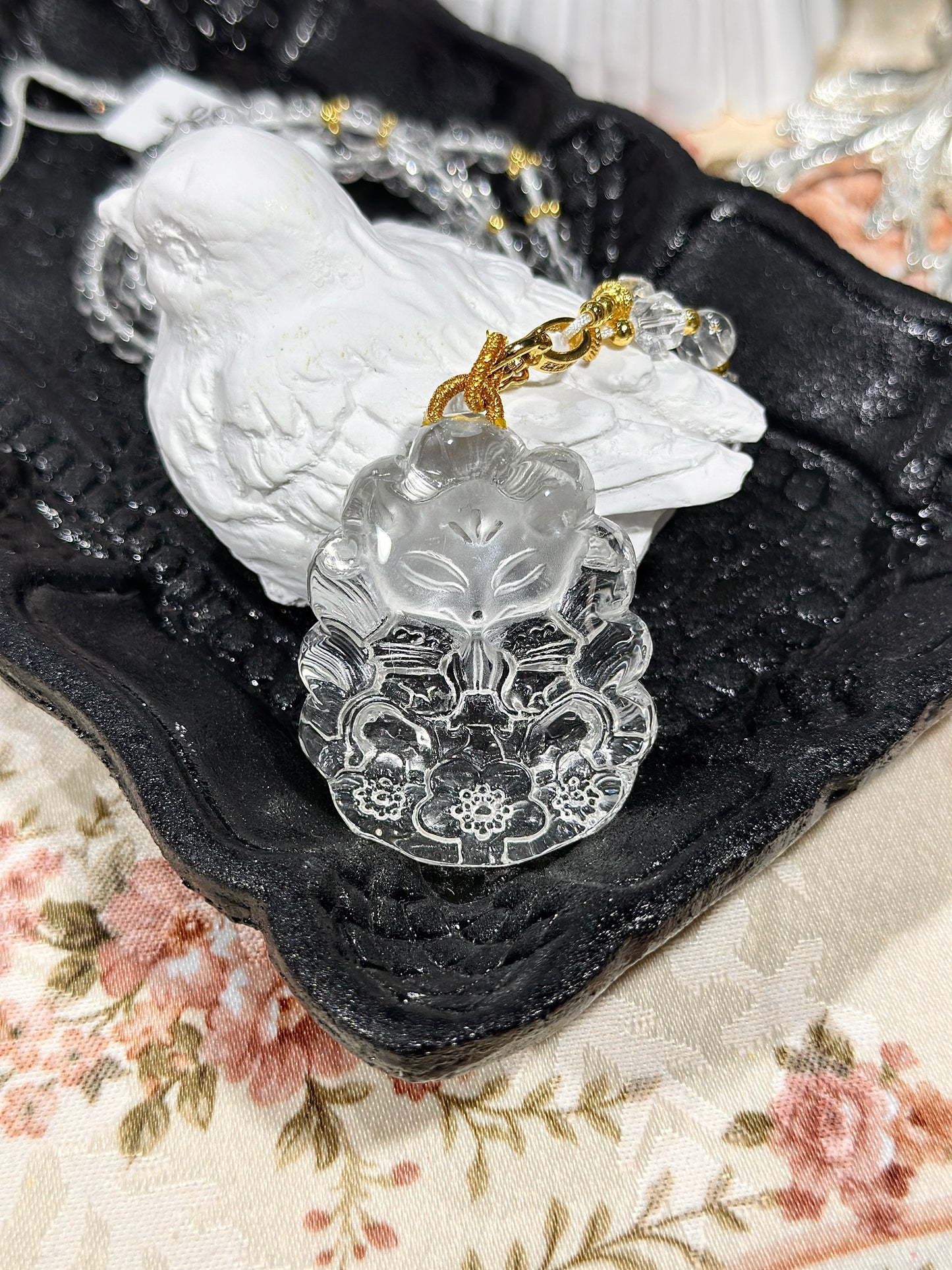 White crystal engraved fox necklace