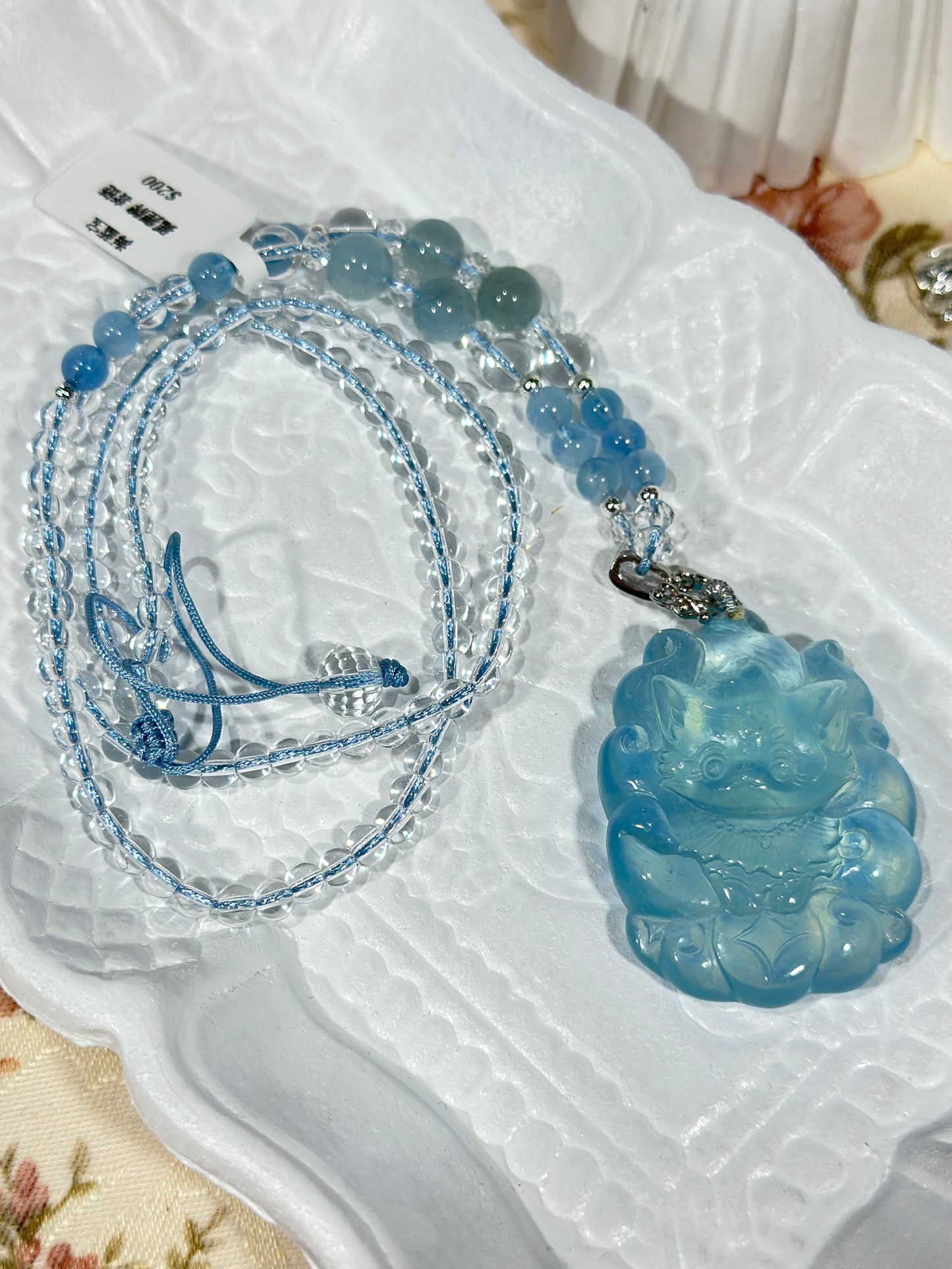 Aquamarine engraved fox necklace