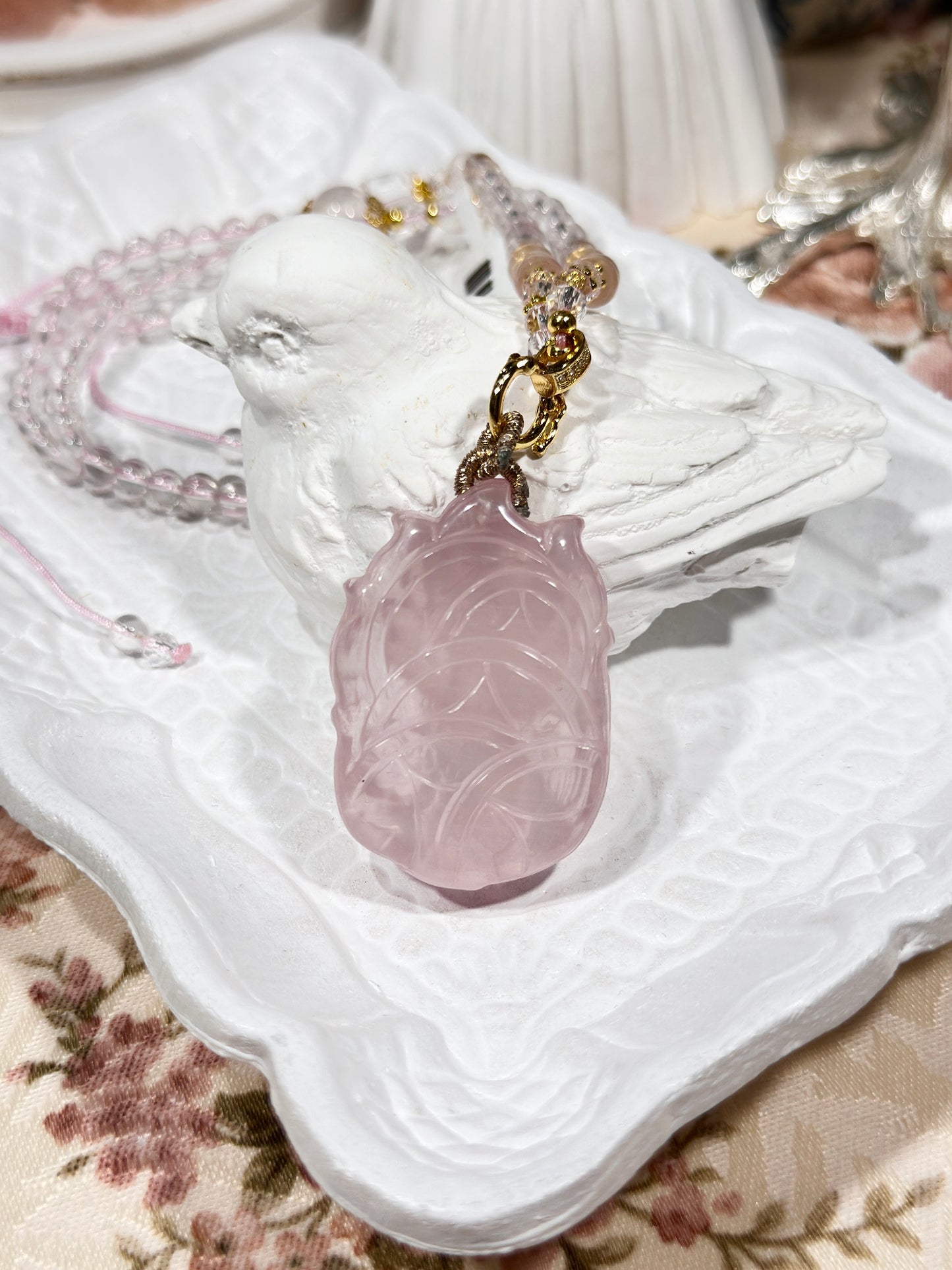 Pink quartz fox necklace