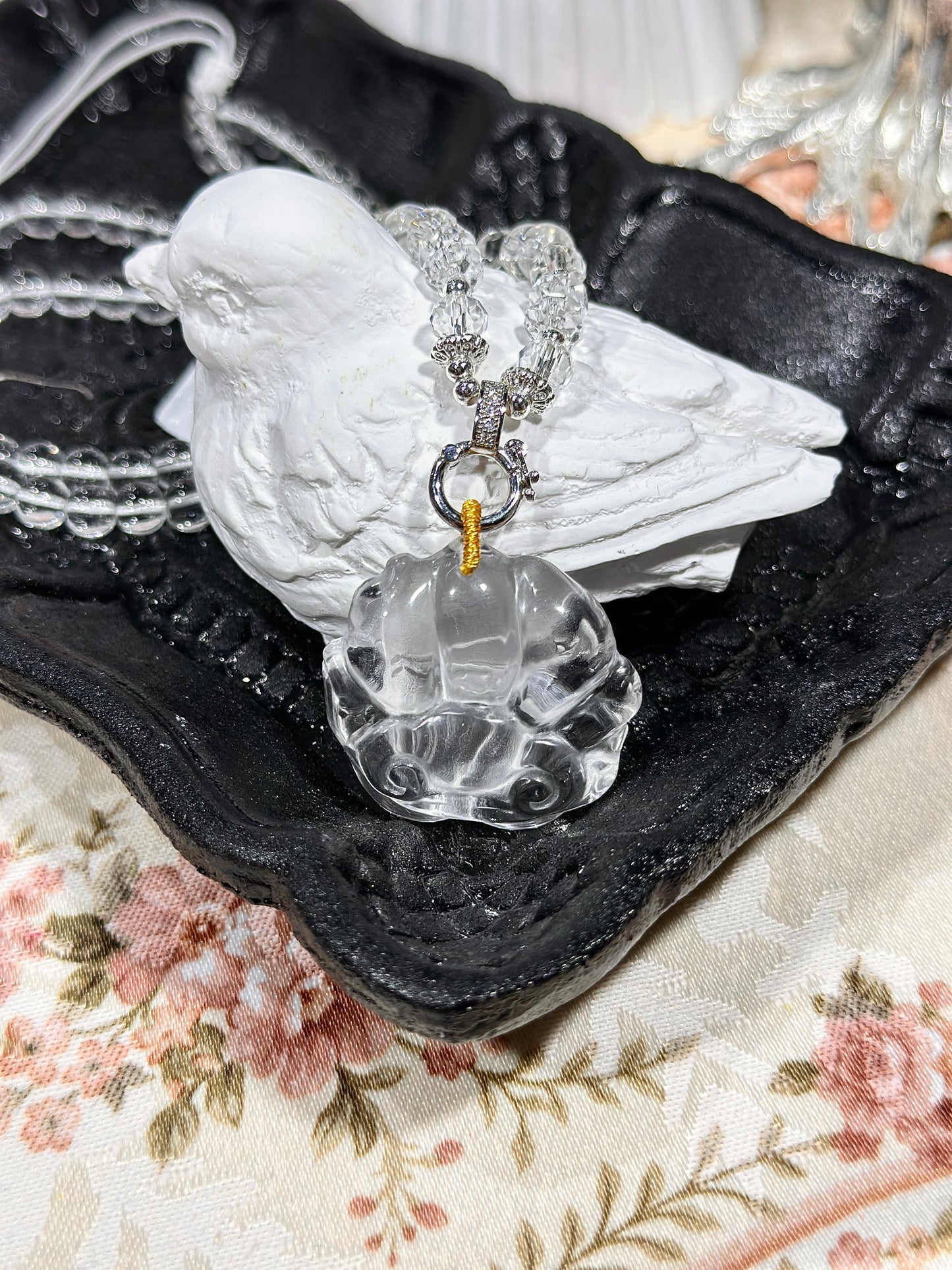 White crystal engraved fox necklace