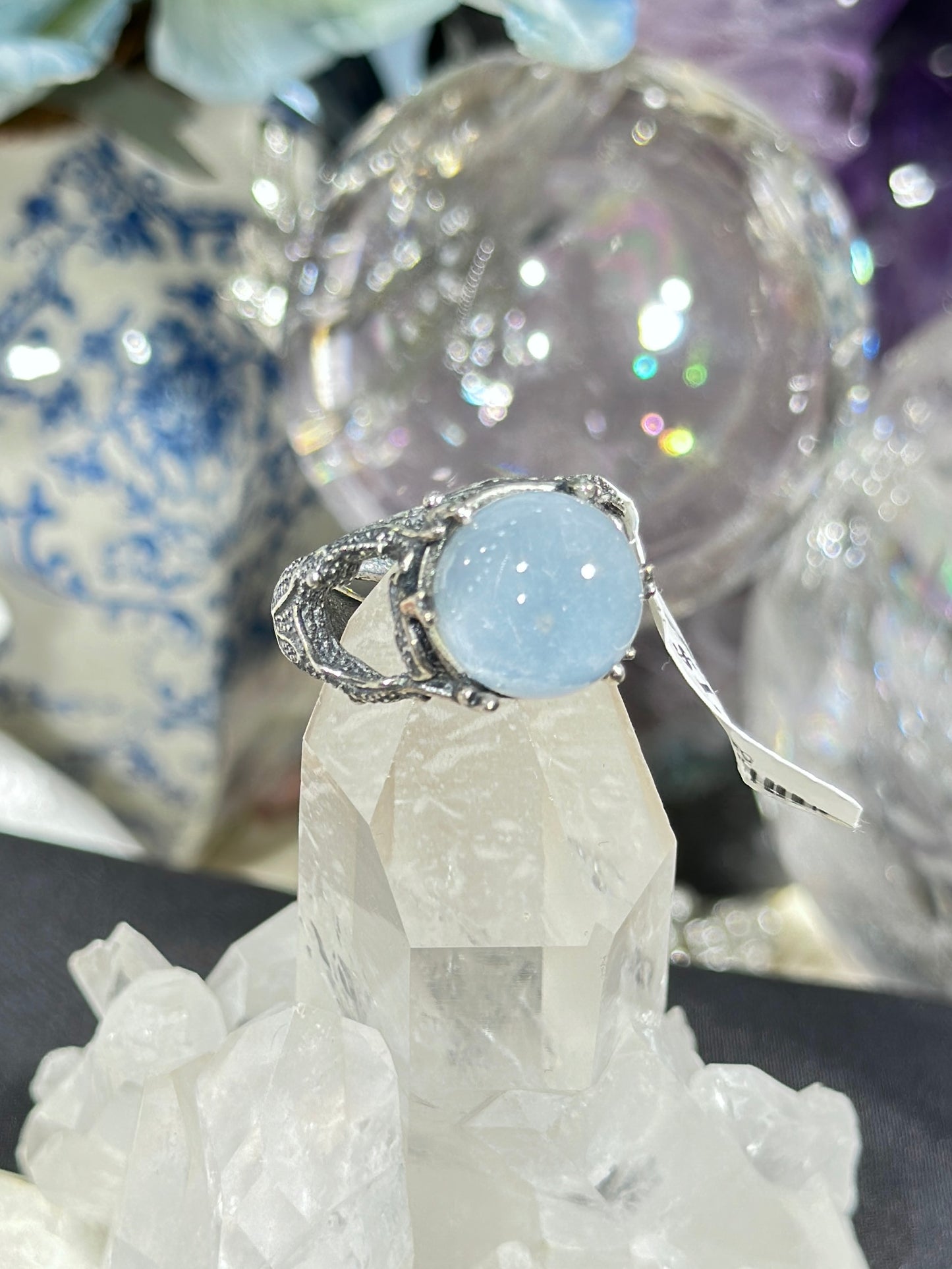 Blue rabbit fur crystal S925 silver ring