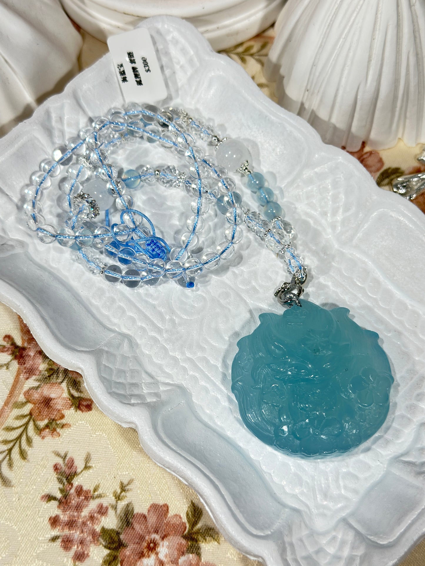 Aquamarine engraved fox necklace