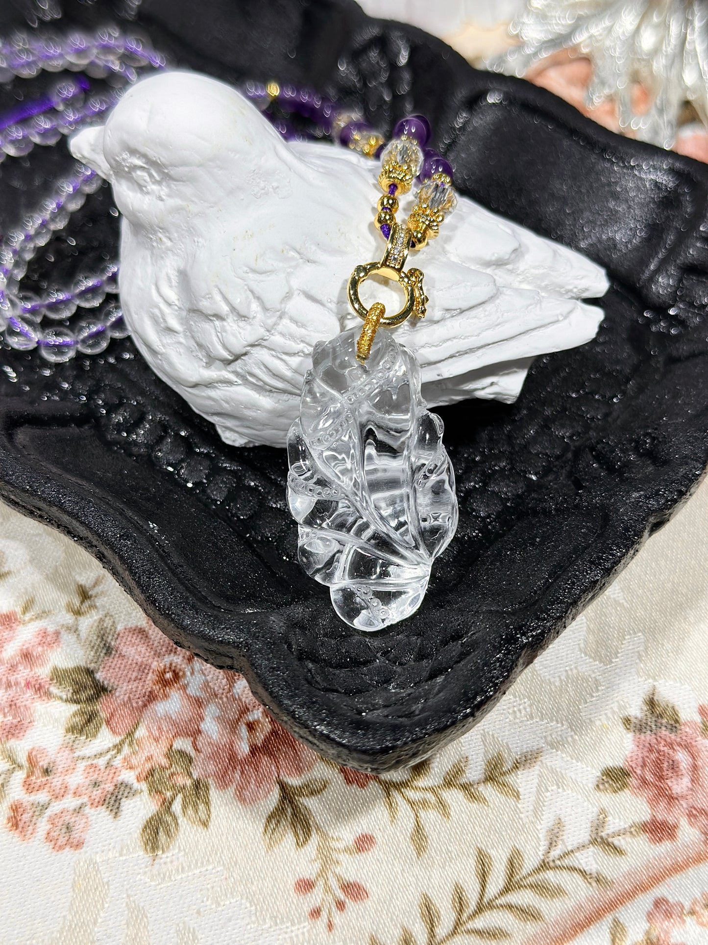 White crystal engraved fox necklace