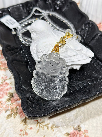 White crystal engraved fox necklace