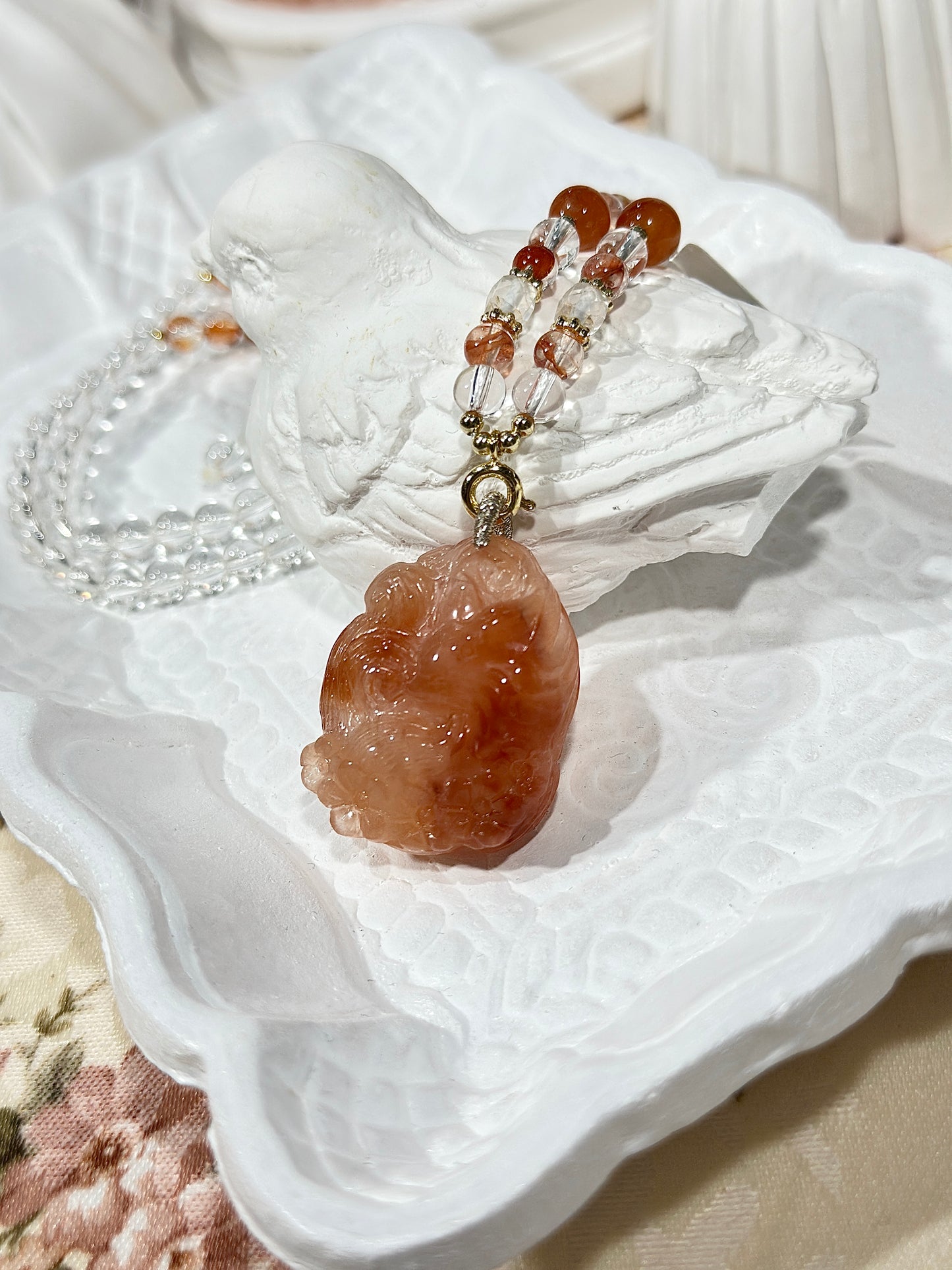 Red rabbit fur fox carved pendant