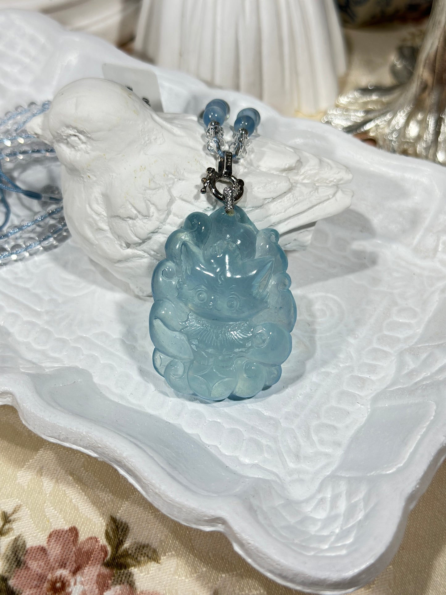 Aquamarine engraved fox necklace