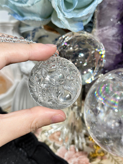 White crystal engraved fox necklace