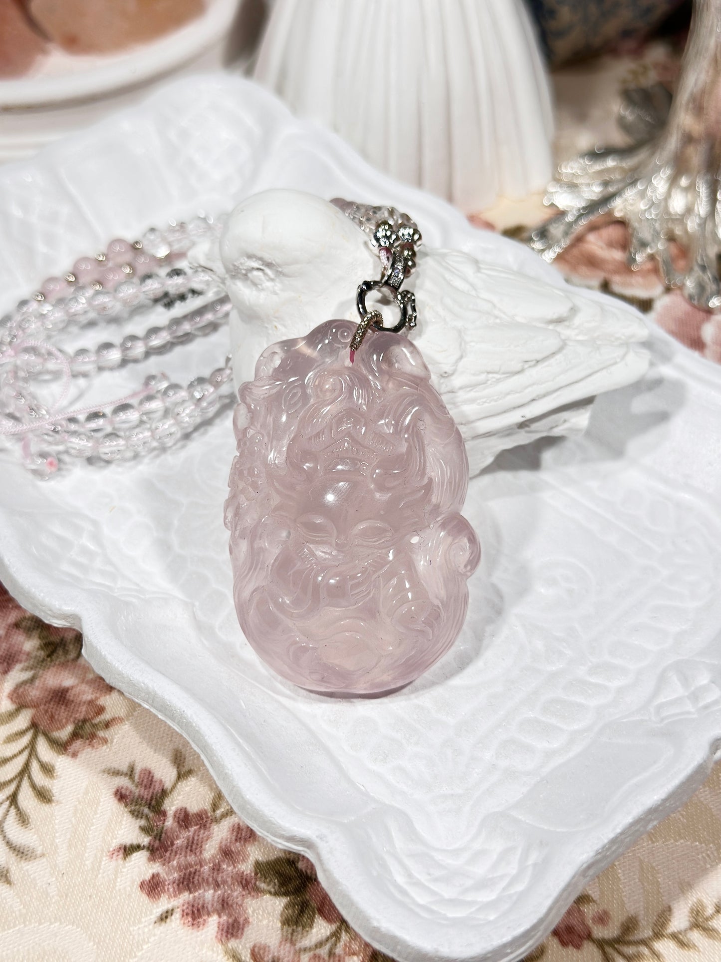 Pink quartz fox necklace