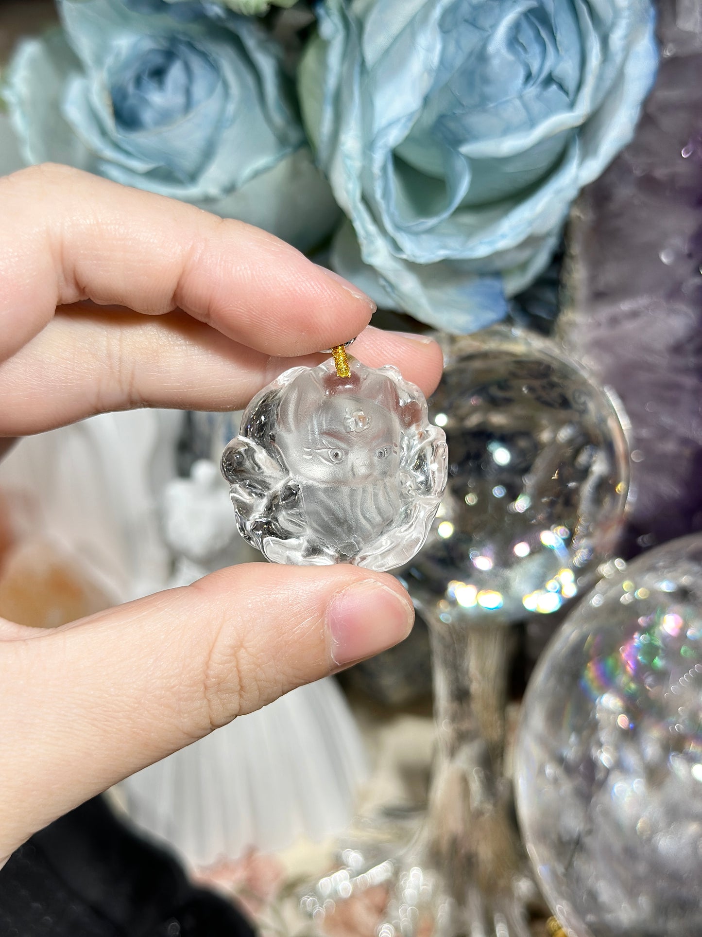 White crystal engraved fox necklace