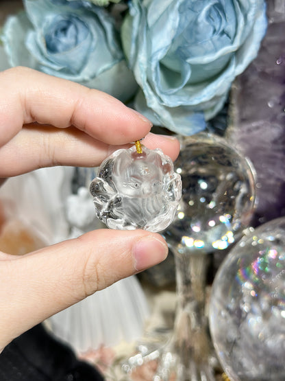 White crystal engraved fox necklace