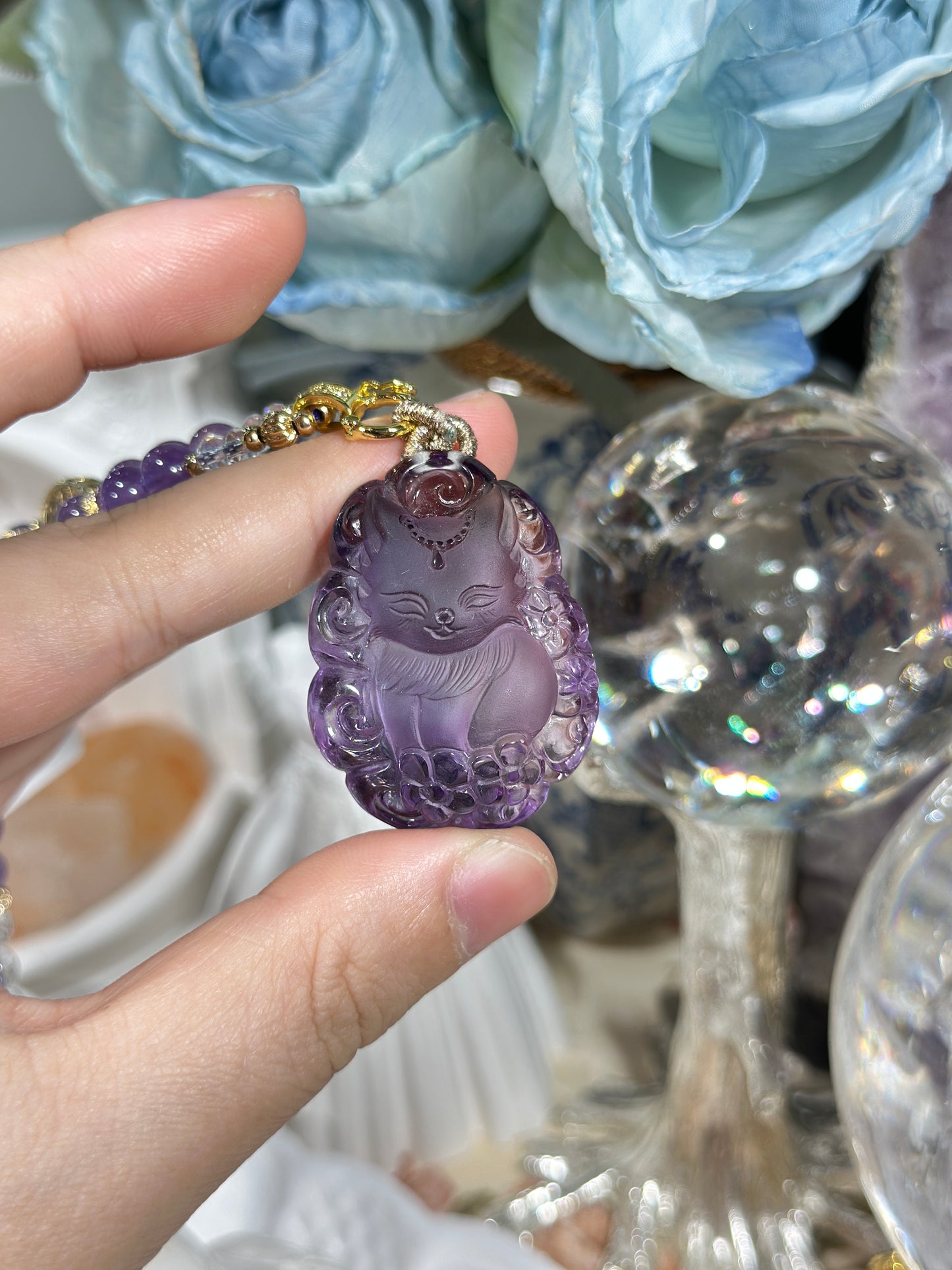 Amethyst Carved Fox Necklace Set