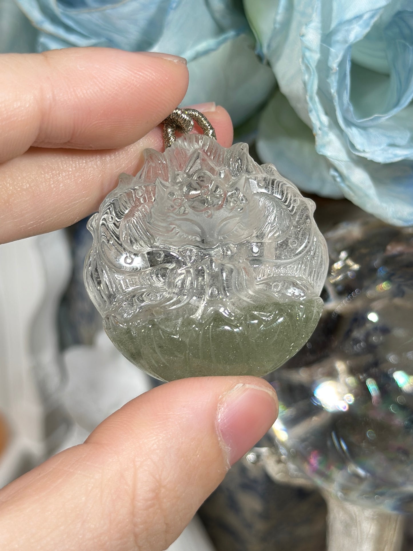 Green Ghost Fox Engraved Pendant