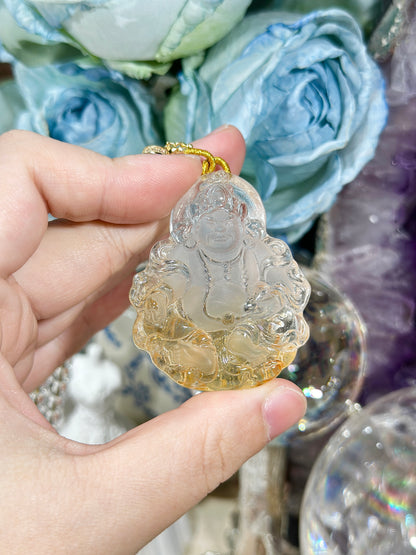 Yellow glue flower carved yellow god of wealth pendant necklace