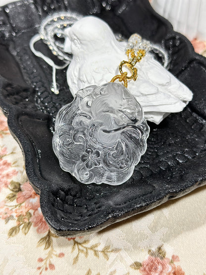 White crystal engraved fox necklace