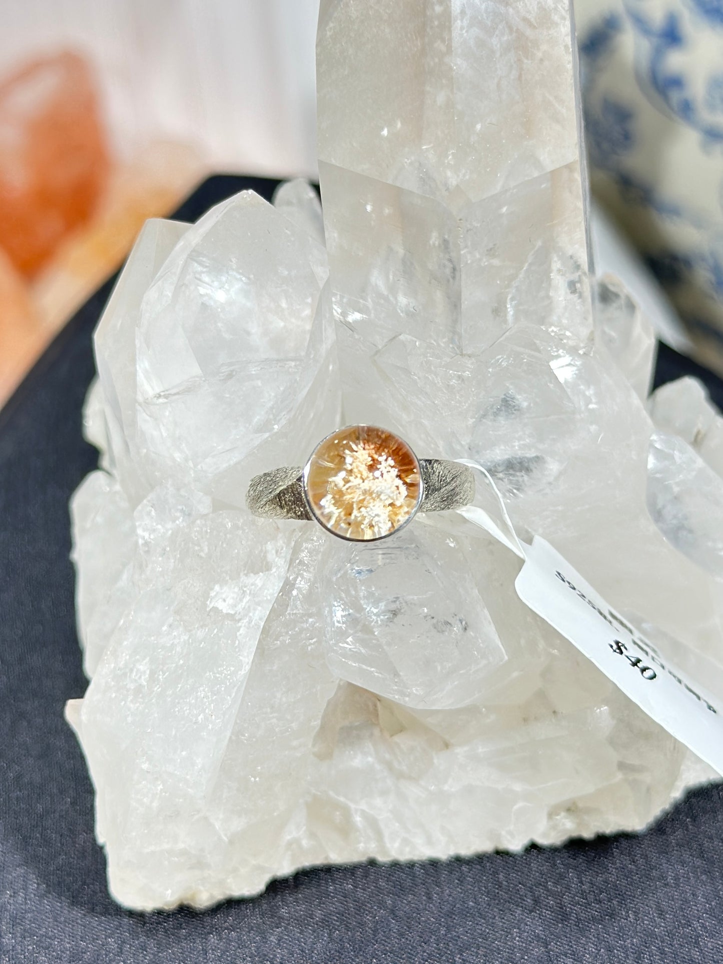 Orange-pink ghost crystal S925 silver ring