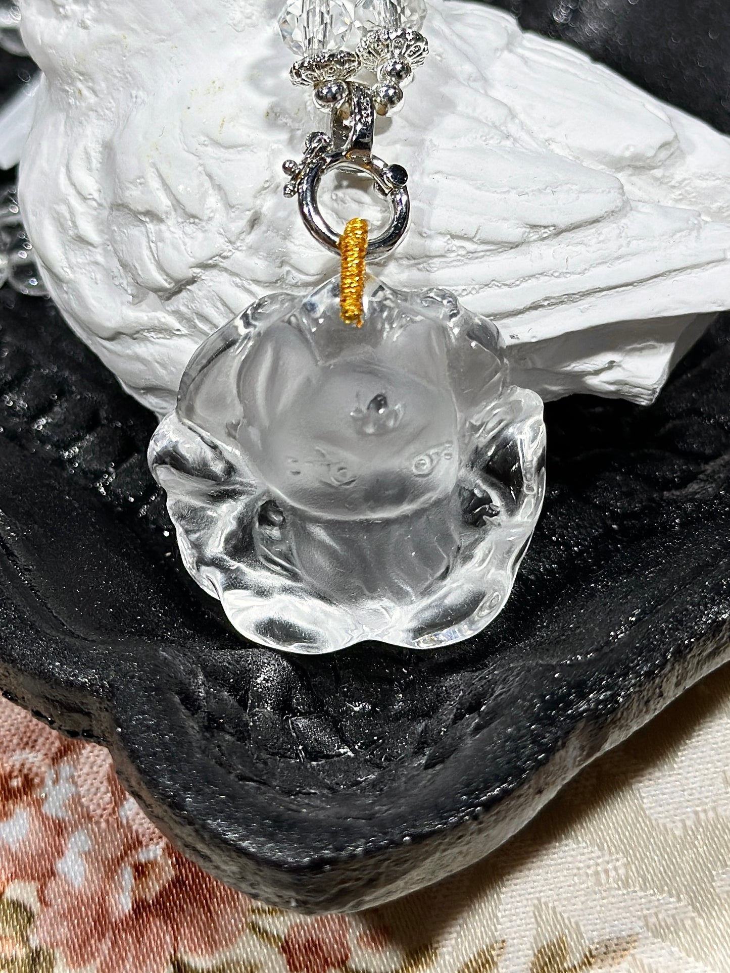 White crystal engraved fox necklace