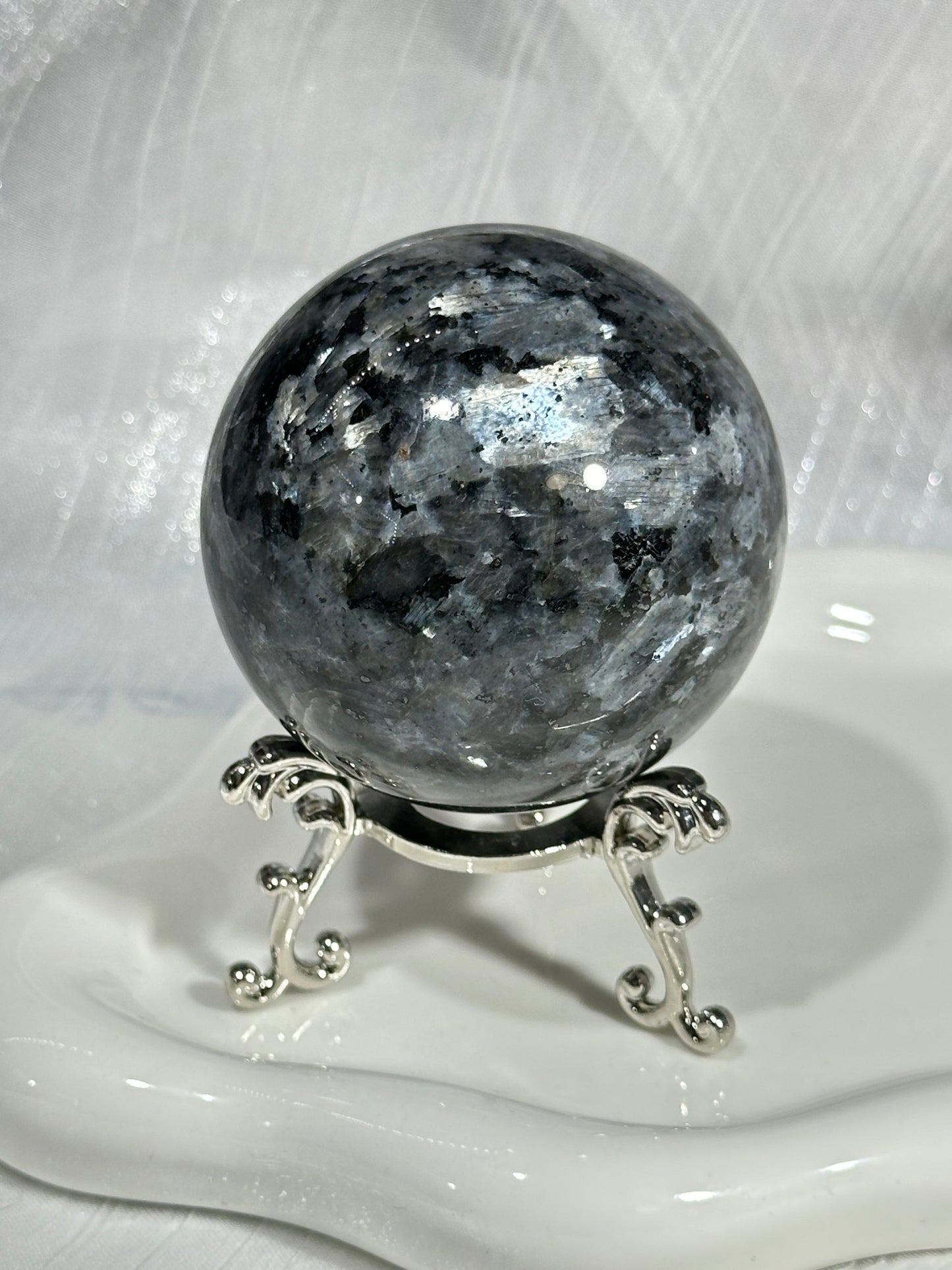 Silver amphibole crystal ball