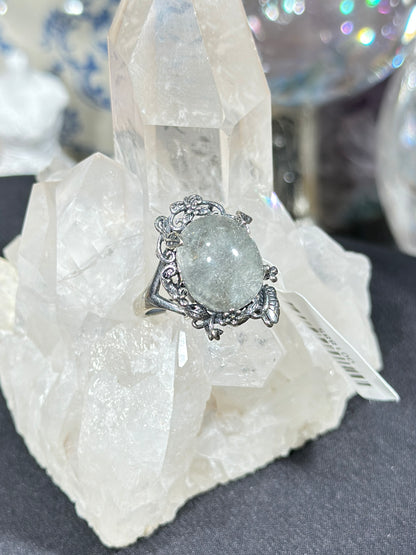 Gray and white rabbit fur crystal S925 silver ring