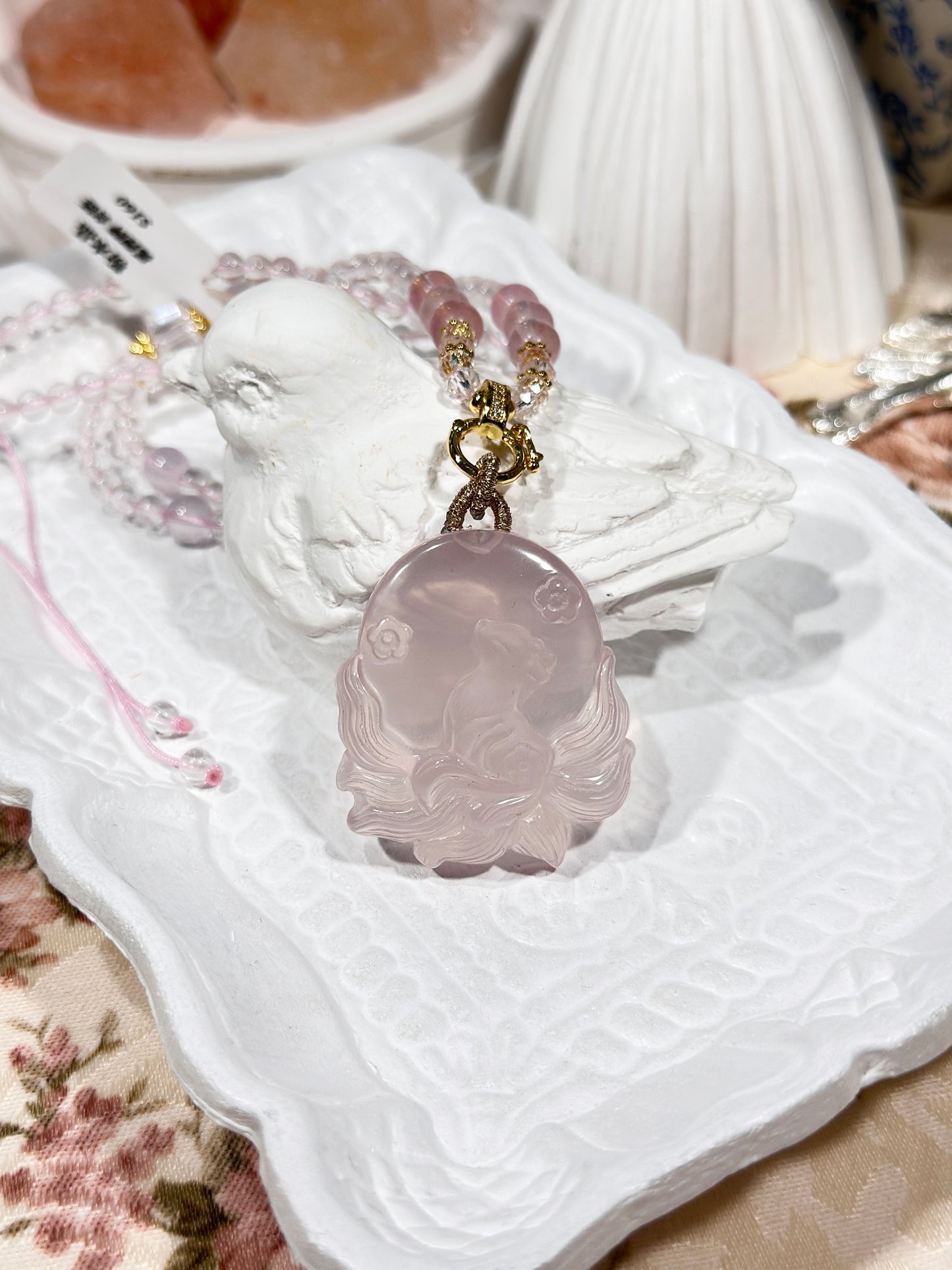 Pink quartz fox necklace