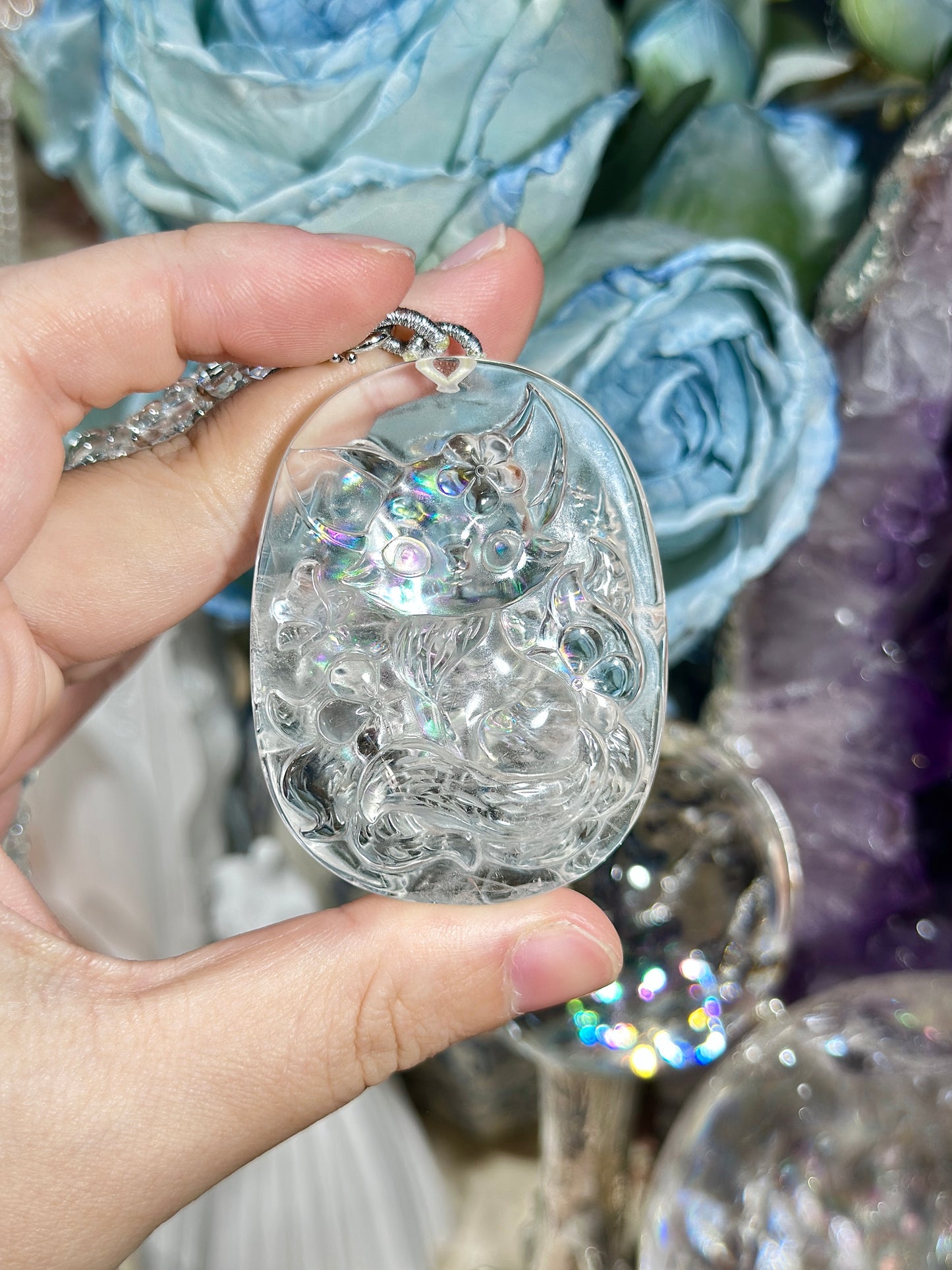 Colorful white crystal engraved fox necklace