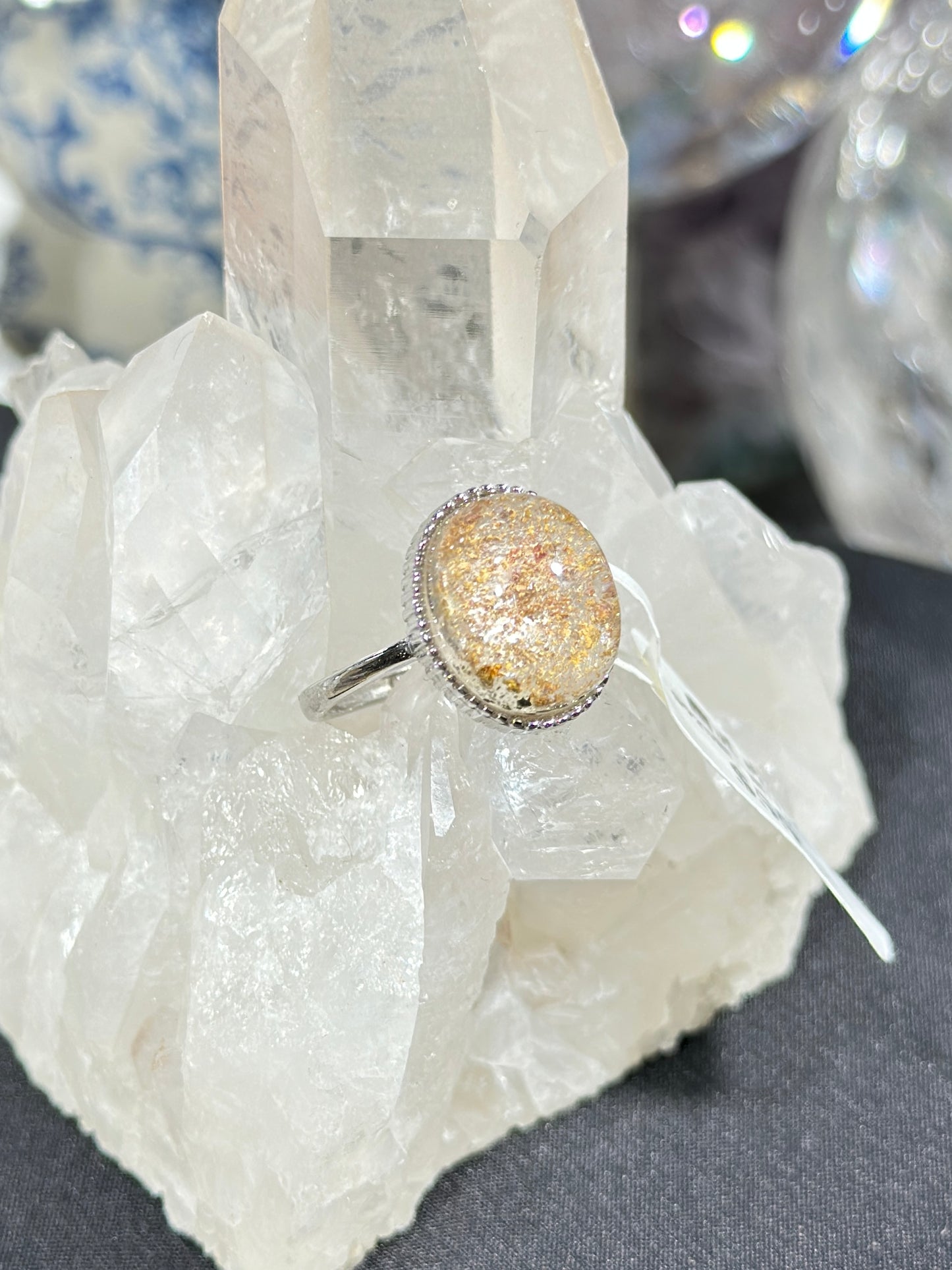 Orange-pink ghost crystal S925 silver ring