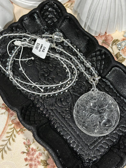 White crystal engraved fox necklace