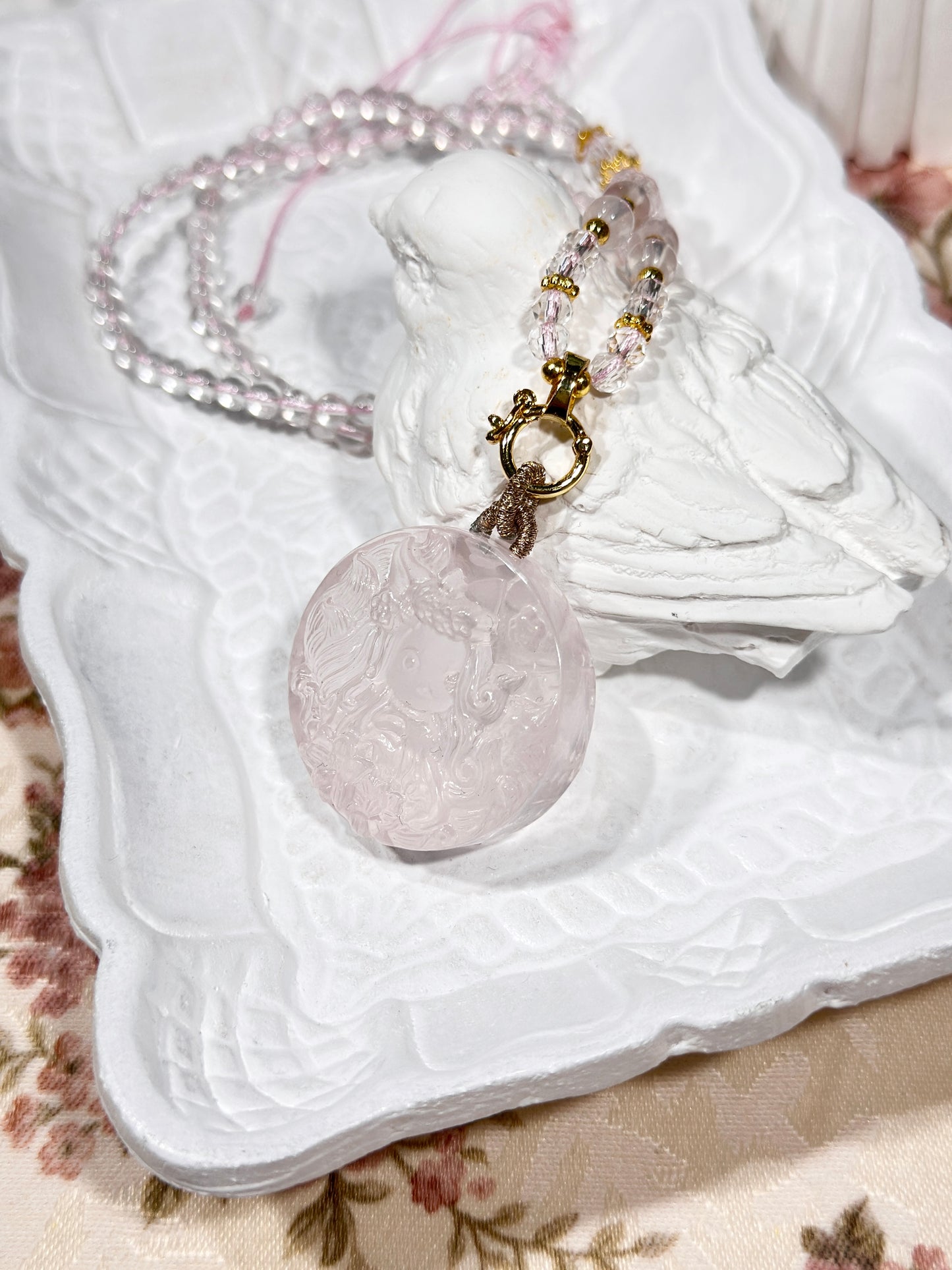 Pink quartz fox necklace