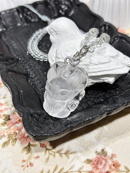 White crystal engraved fox necklace
