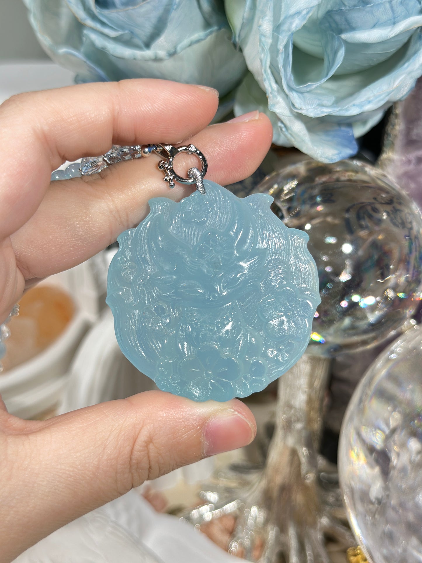 Aquamarine engraved fox necklace