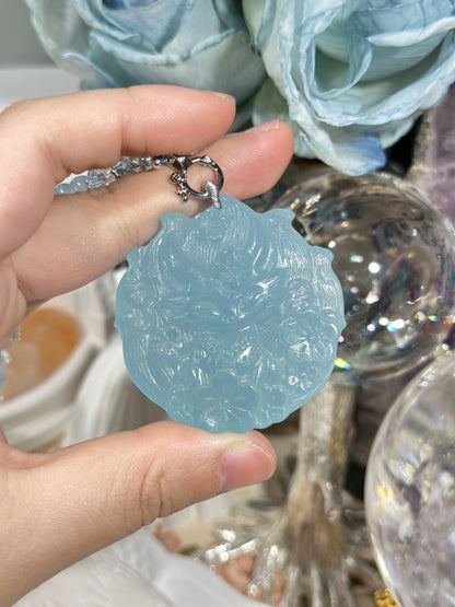 Aquamarine engraved fox necklace