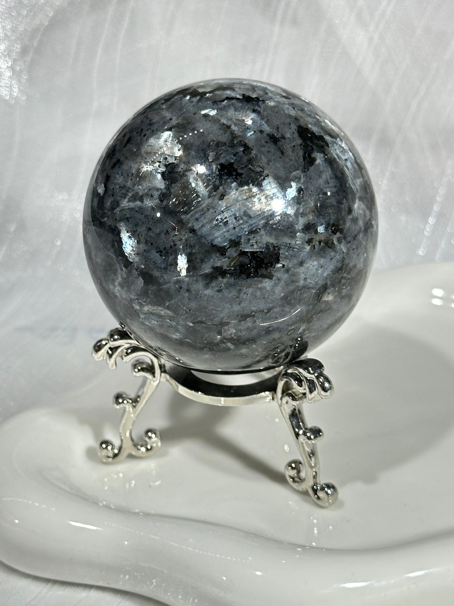 Silver amphibole crystal ball