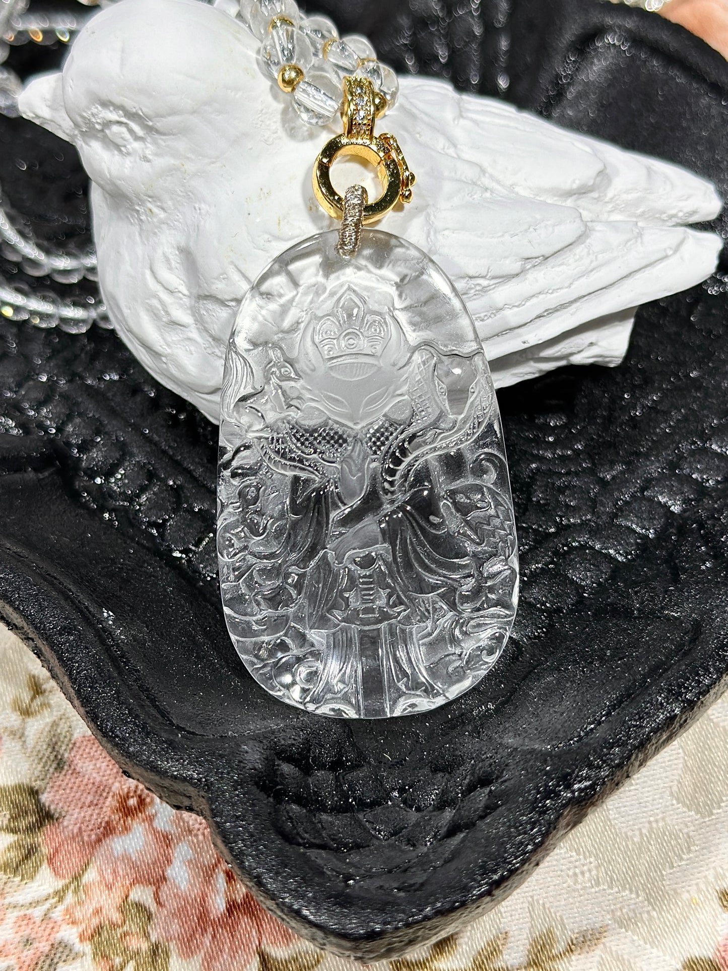 White crystal engraved fox necklace
