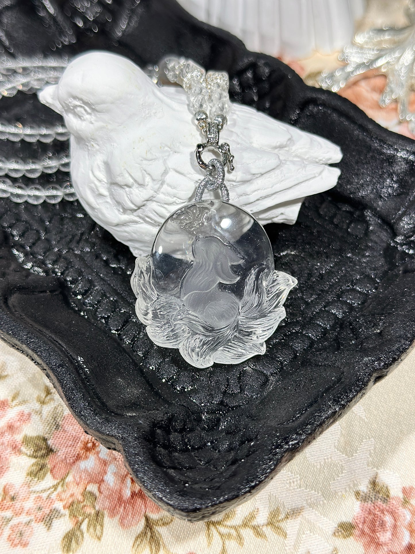 White crystal engraved fox necklace