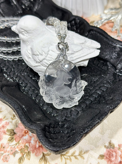 White crystal engraved fox necklace