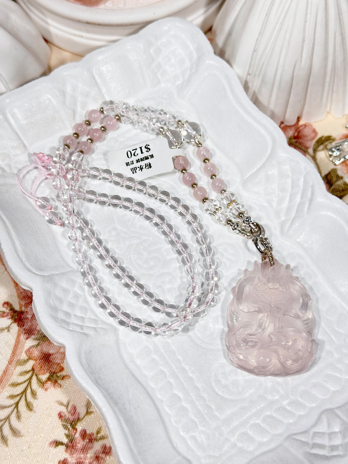 Pink quartz fox necklace