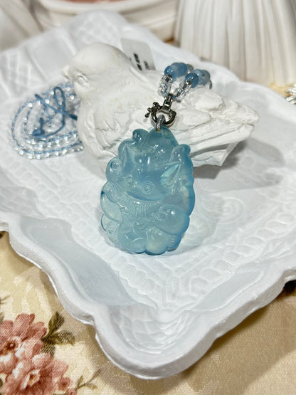 Aquamarine engraved fox necklace