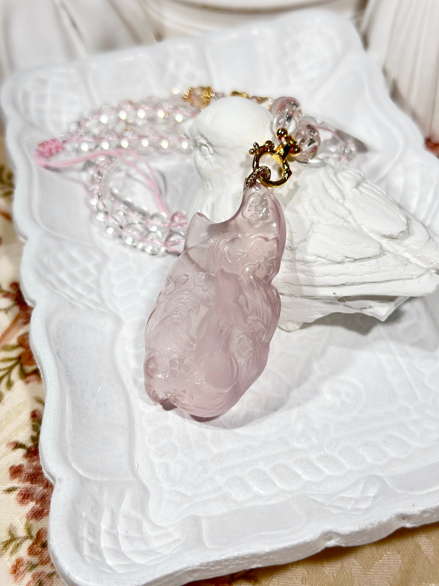 Pink quartz fox necklace