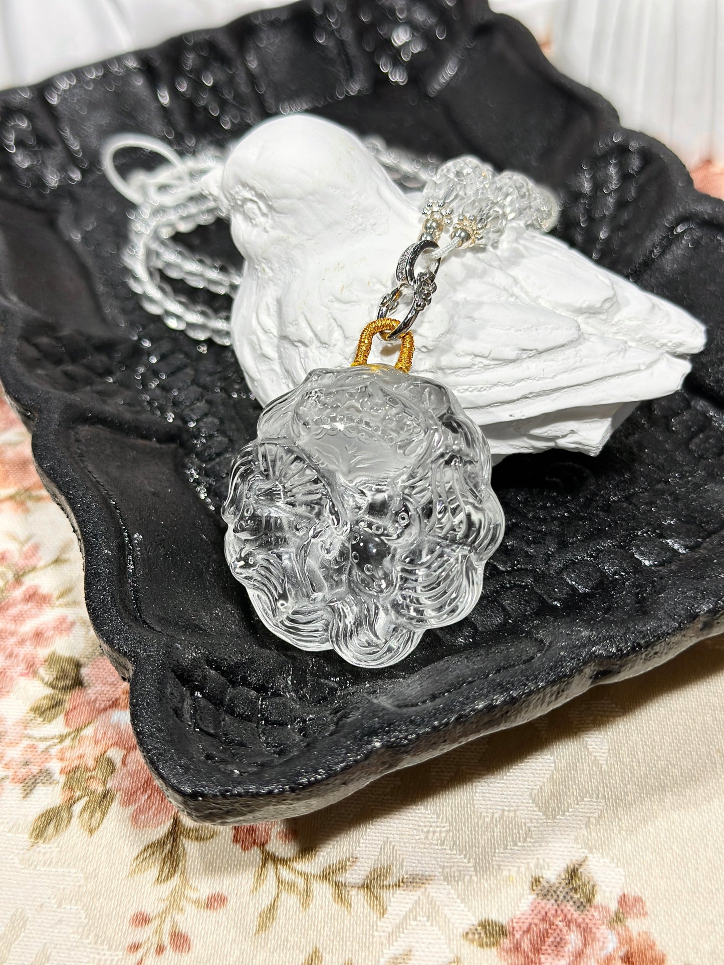 White crystal engraved fox necklace