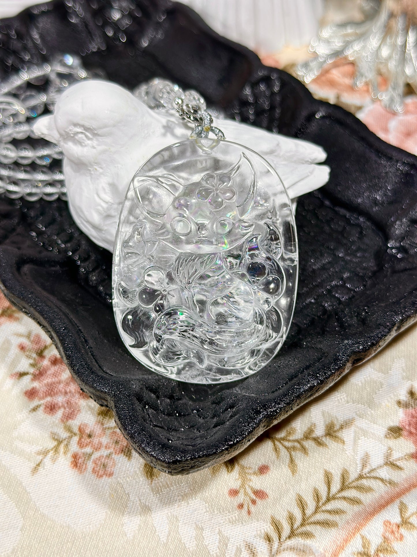 Colorful white crystal engraved fox necklace