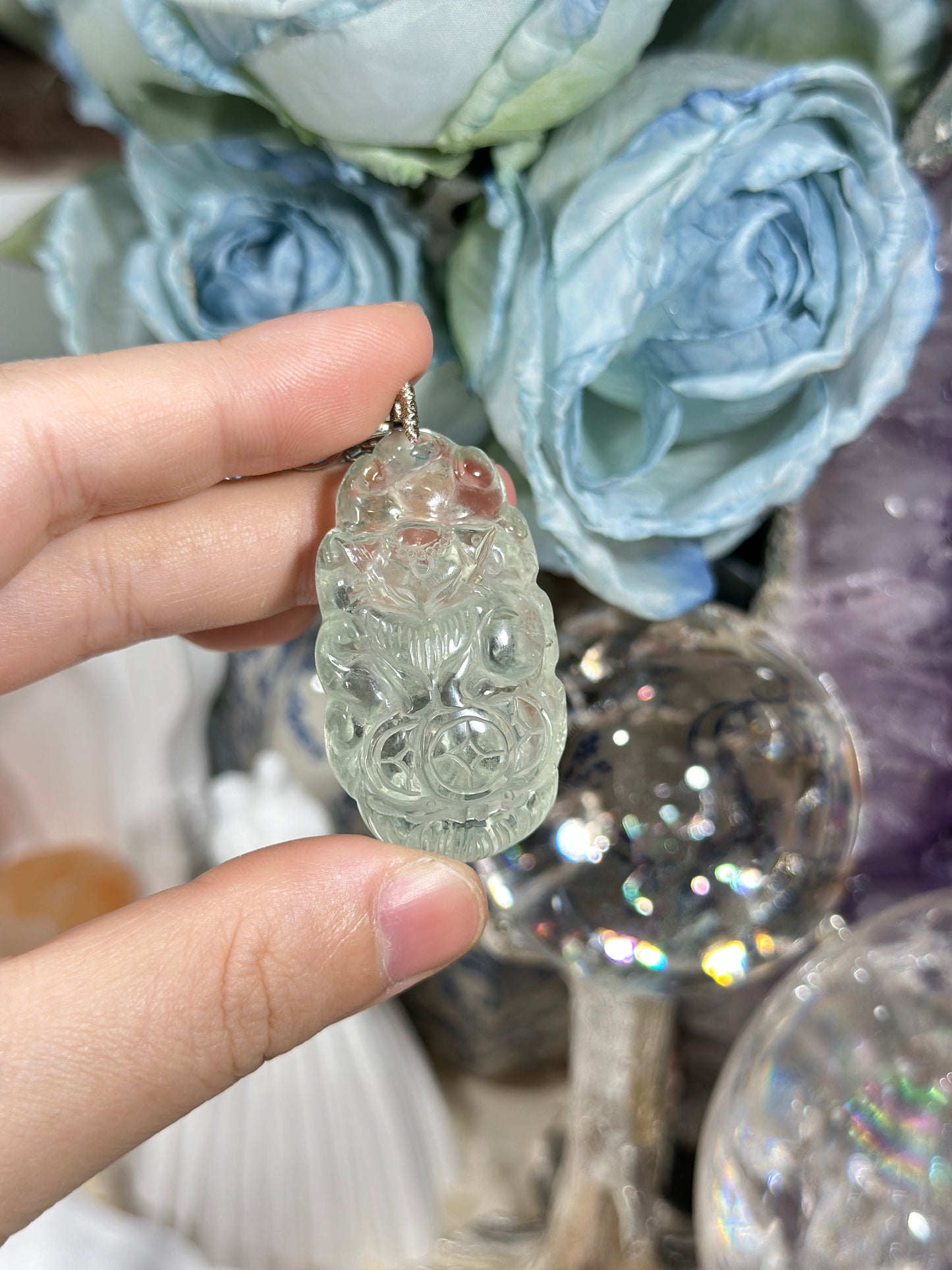 Green crystal engraved fox necklace