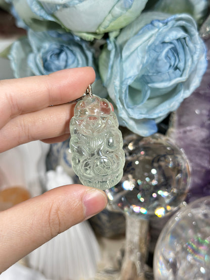 Green crystal engraved fox necklace