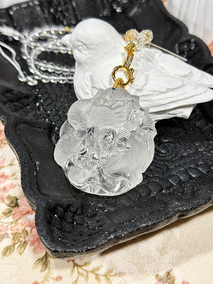 White crystal engraved fox necklace