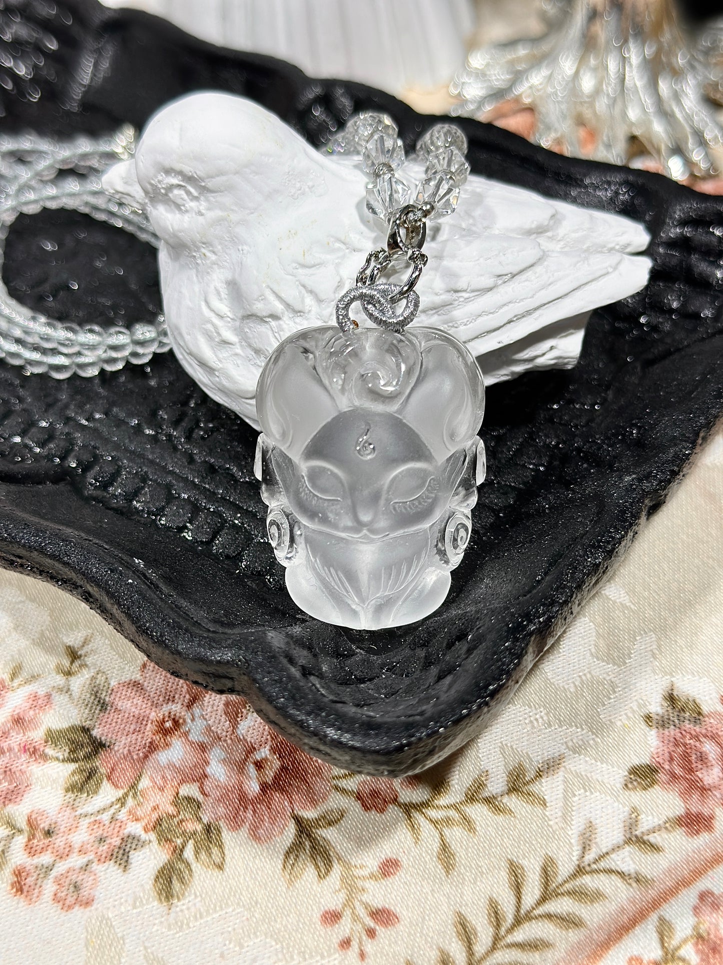 White crystal engraved fox necklace