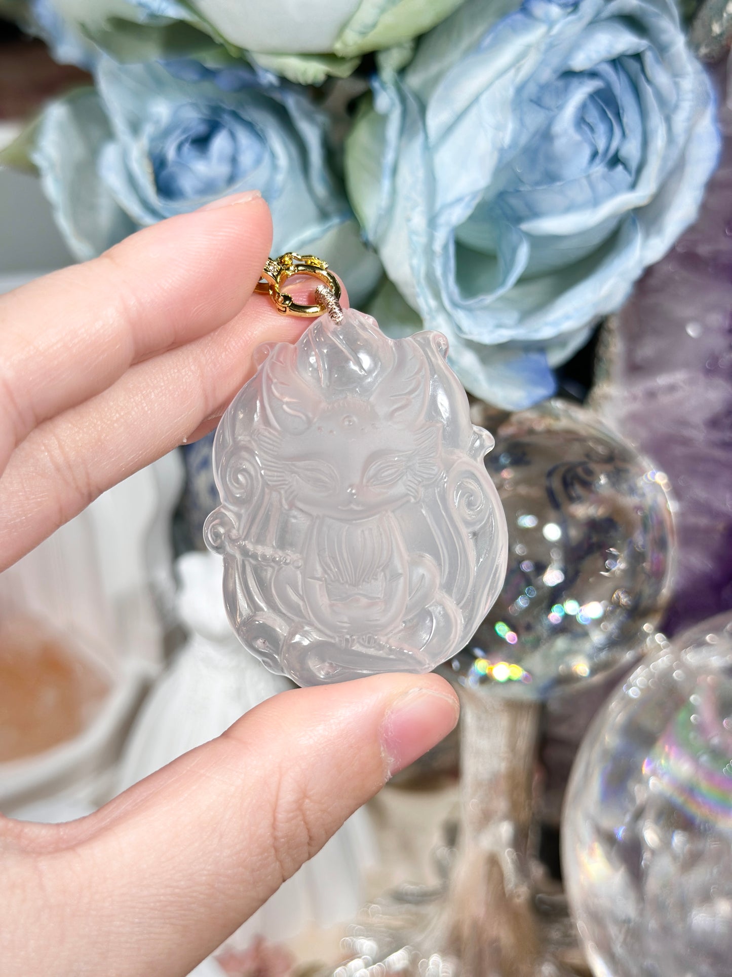 Pink quartz fox necklace