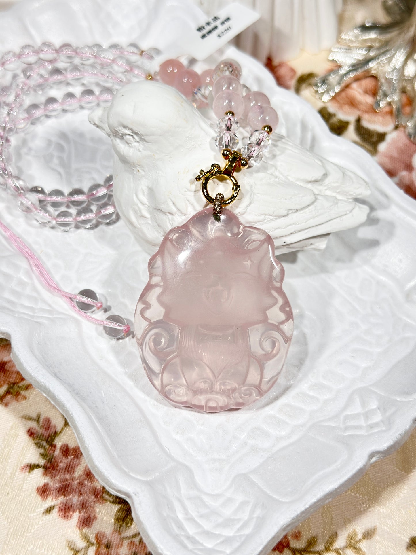 Pink quartz fox necklace