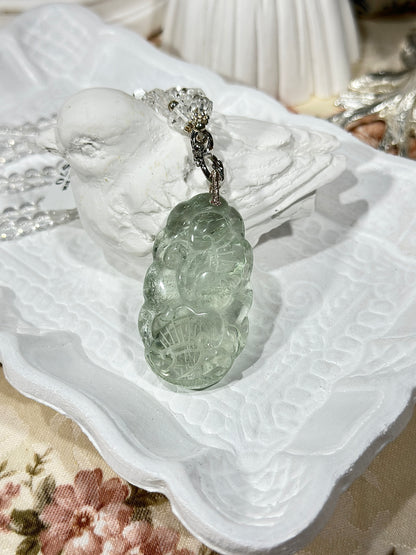 Green crystal engraved fox necklace